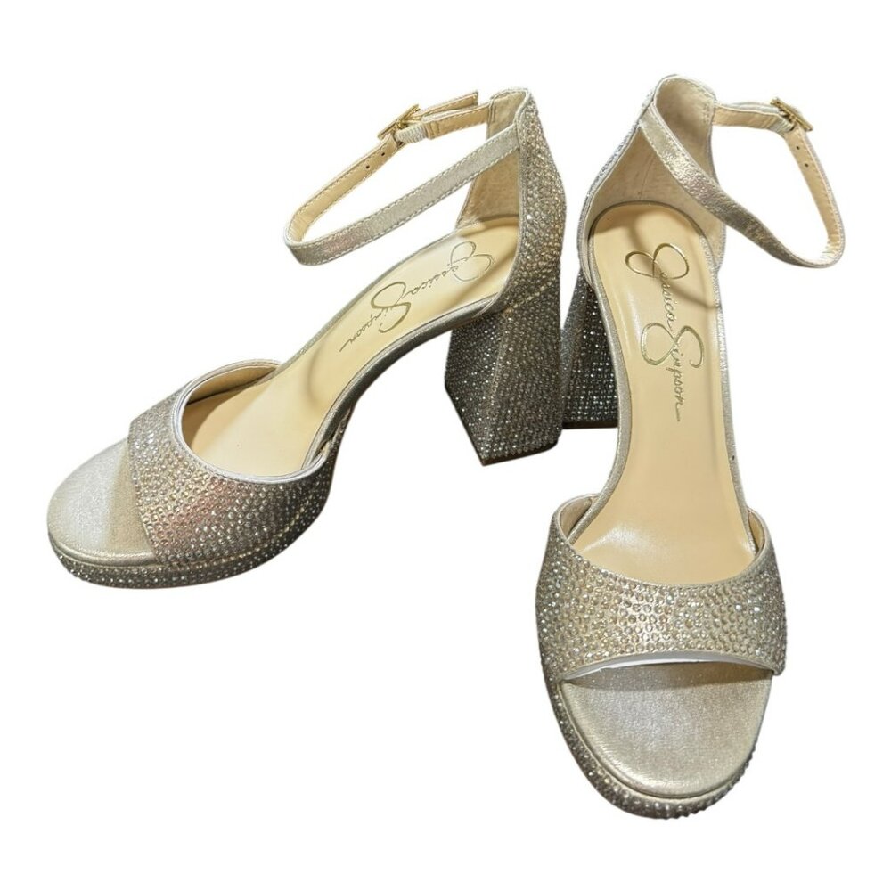 NWT Jessica Simpson Gold Sparkling Embellished Chunky Heel Sandals Sizes: Multi - Picture 4 of 11